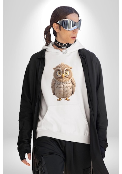 Baykuş Kadın Erkek Beyaz Kapüşonlu Sweatshirt Hoodie Beyaz