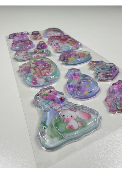Sevimli Karakterler Temalı, Kabartmalı, 3d, Sulu, Simli Ve Boncuklu Sticker - Etiket Mor
