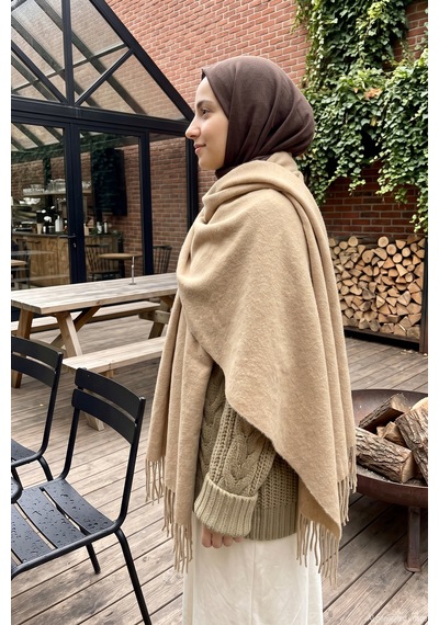 Remsa Kadın Yumuşak Dokulu Püskül Detay 200x70cm Atkı Omuz Şalı 1333 Bej