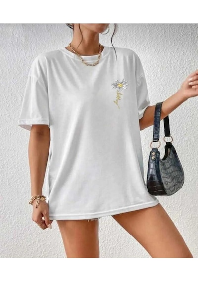 Kozia Outdoors Malkoçbey Papatya Baskılı Oversize Unisex Basic T-şhirt Beyaz Beyaz