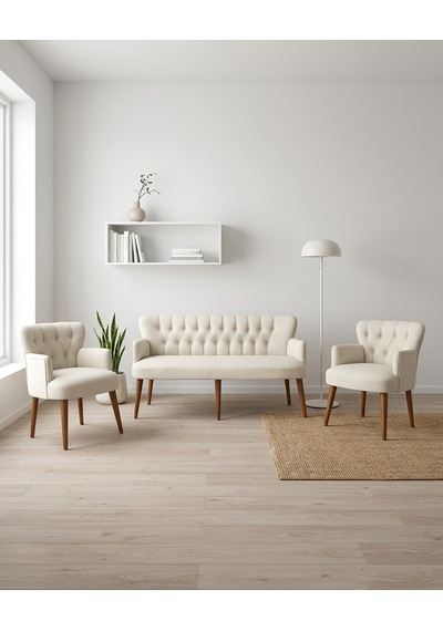 Roma 3+1+1 Keten Kumaş Balkon Ofis Çay Seti Bekleme Koltuk Takımı - Ahşap Ayak - Krem