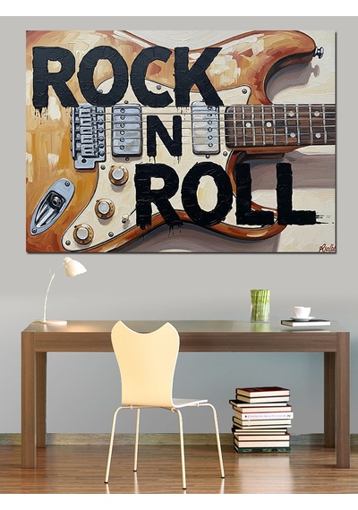 Rock And Roll Yazılı Elektrogitar İllüstrasyonu Dekoratif Kanvas - Mdf Ahşap Tablo