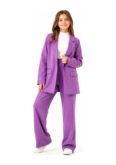 İrem Çocuk Giyim Kız Çocuk Blazer Ceketli Geniş Paça Pantolonlu Oversize Kalıp Mor Renk Şık Takım Badisiz Mor