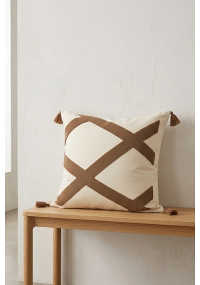 Renkli Geometrik Çapraz Çizgi Desenli Kabartmalı Punch Nakışlı Püsküllü Pamuk Dekoratif Kırlent Kılıfı 42x42 Cm Vizon
