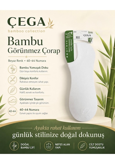 Çega Erkek Görünmez Bambu Dikişsiz Sneaker Çorap 12'li Beyaz