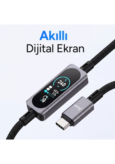 Juo 240w Type-c To Type-c Dijital Tft Ekranlı E-mark Çipli Örgülü Hızlı Şarj Kablosu 1.2 Metre