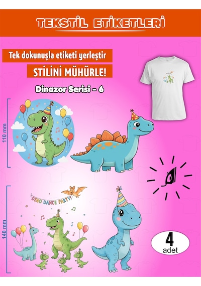 Ütü Ile Yapışan Kıyafet Etiketi Dinozor Serisi -6 4lü Set Karışık