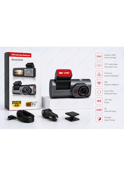 Nvg D28 Uhd Çift Lens Araç Kamerası 4k Ön 1440p Arka Gece Görüş Wifi 256gb Destekli Dashcam