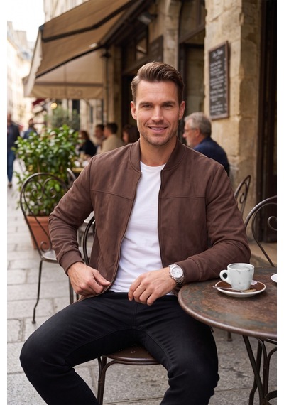 Rizzup Erkek Slim Fit Likralı Koyu Kahve Süet Ceket Kırışmayan Ütü Gerektirmeyen Mevsimlik Mont 2504334 Koyu Kahverengi