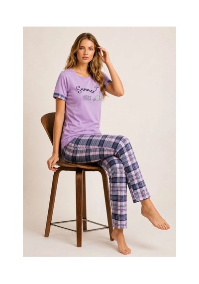 Kadın Pamuklu Penye Summer Baskılı Kısa Kollu Pijama Takımı Bisiklet Yaka Ekose Desenli - Lila Kadın Pamuklu Penye Summer Baskılı Kısa Kollu Pijama Takımı Bisiklet Yaka Ekose Desenli - Lila
