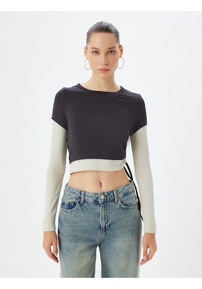 Koton Crop Tişört Uzun Kollu Slim Fit Büzgülü Bisiklet Yaka Antrasit 5wal10070ık Antrasit