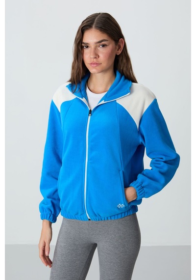 Tommy Life Saks Kalın Yumuşak Dokulu Dik Yaka Oversize Nakışlı Polar Kadın Sweatshirt - 97293 Saks