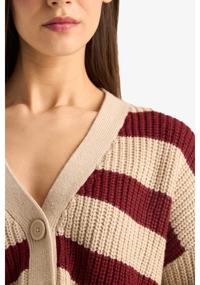 Defacto Regular Fit V Yaka Çizgili Triko Hırka Z8539az25wnbg644 Bej