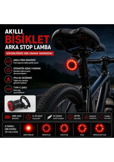 Triline Akıllı Bisiklet Kuyruk Lambası Fren Sensörlü Type-c Şarjlı Ipx6 Su Geçirmez Led Arka Stop Işığı Siyah