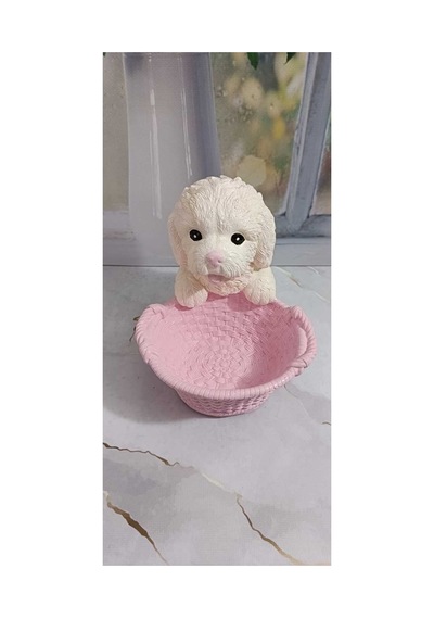 El Yapımı Dekoratif Köpek Biblo,pembe Sepetli Beyaz Fino.