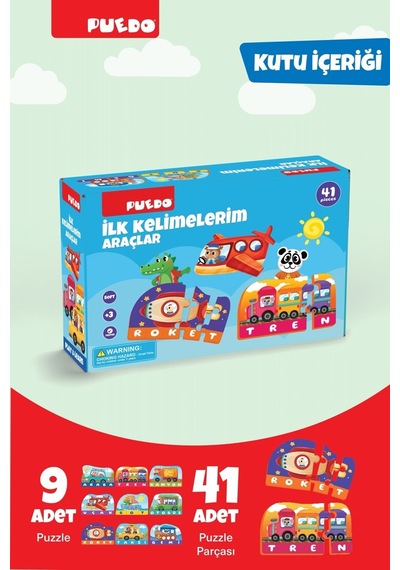 Puedo İlk Kelimelerim Araçlar Puzzle Eva Eğitici Oyuncak 3+ Harf Öğrenme 41 Parça