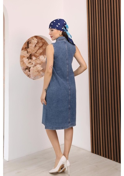 Kadın Açık Mavi Sıfır Kol Gömlek Yaka Denim Kot Elbise