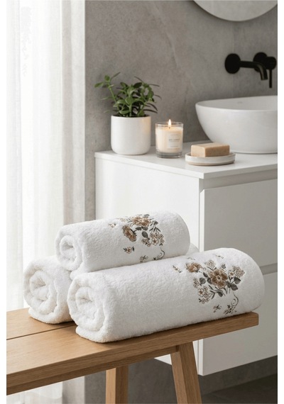 Bambu Pamuk Çiçek Nakışlı 50 X 90 Cm Nakışlı El Havlusu Açık Bej