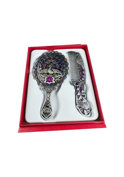Tavus Kuşu Desenli Vintage Ayna Tarak Seti Özel Tasarım Ve Özel Kutulu 13,5 Cm & 13 Cm Çok Renkli 841684427