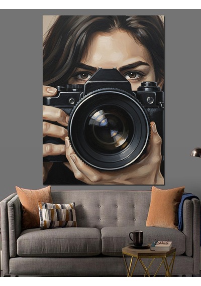 Kamera Tutan Kadın Fotoğrafçı Dekoratif Kanvas - Mdf Ahşap Tablo