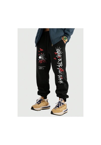 Tarzsokak Goth Guys Skull & Slogan Graphic Drawstring Waist Eşofman Altı Siyah