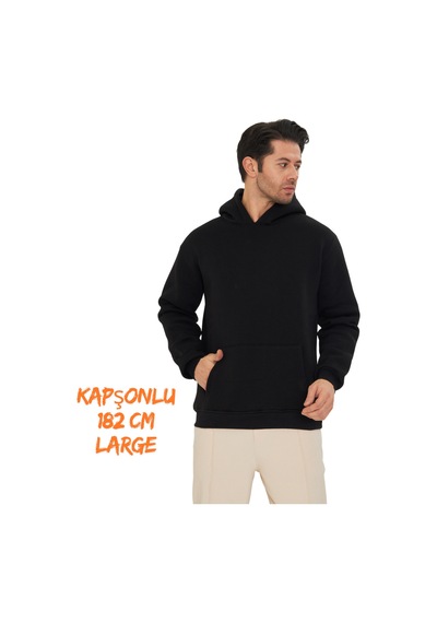 Pxm 3 Iplik Şardonlu Oversize Hoodie Kapüşonlu Ve Kanguru Cepli Siyah Siyah