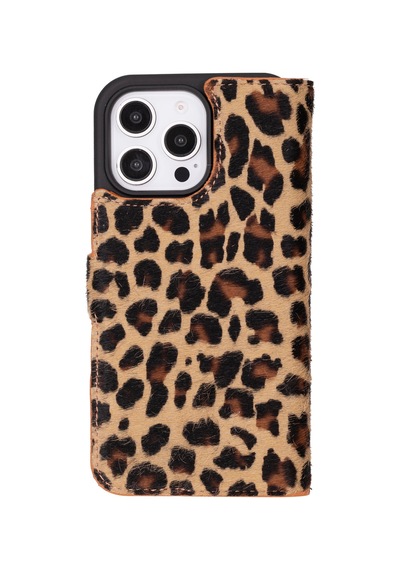 Bloomcase Apple Uyumlu iPhone 16 Pro Max Leopard Hakiki Deri Cüzdanlı Telefon Kılıfı Leopar - Pembe