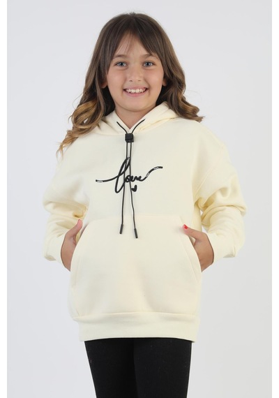 Kapşonlu Love Baskılı Kanguru Cepli Kız Çocuk Sweatshirt-90859 Krem