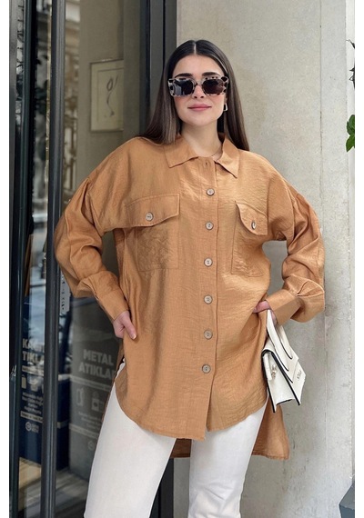 WeShaya Kadın Taba Balon Kol, Pileli, Yırtmaçlı, Oversize, Keten Tunik Gömlek Bej WeShaya Kadın Taba Balon Kol, Pileli, Yırtmaçlı, Oversize, Keten Tunik Gömlek Bej