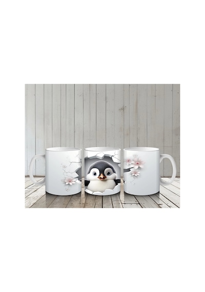 Sakura Çiçekleriyle Sevimli Penguen Baskılı Kahve Kupası Renkli