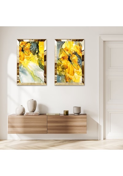 Gold Aynalı Pleksi Çerçeveli Sarı Su Damlacığı Modern İkili Mdf Tablo Seti