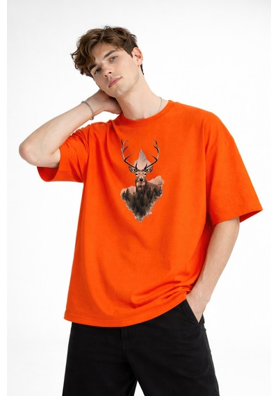 Misa Tahtakale Deer - Oversize Erkek Tişört Turuncu Çok Renkli