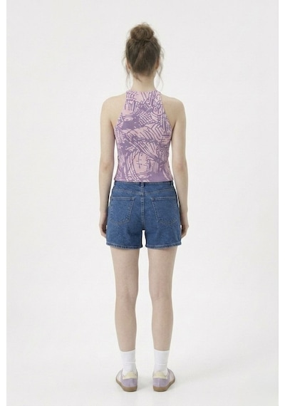 Neden Tekstil Kadın Fitilli Çizgi Baskılı Halter Yaka Crop Bluz - Pembe-lila