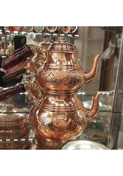 Bakır Çaydanlık El Işlemesi Dövmesi Nakışlı Gümüş Bakır Çaydanlık Bakır