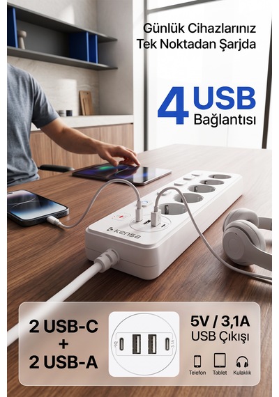 Akım Korumalı Priz 5'li + 2x Usb-a + 2x Usb-c 2 Metre Kablo 2 m
