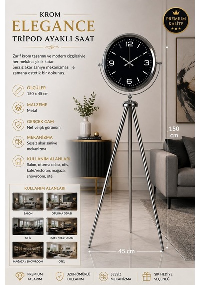 Krom Elegance 150 X 45 Cm Metal Tripod Ayaklı Saat