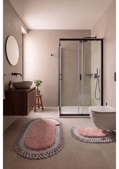 Banyo Paspası Takımı 60x100+40x60 Cm Dış Trikot Pembe & Gümüş