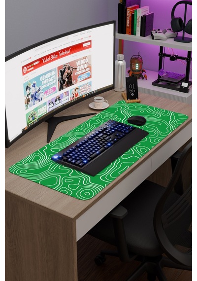 Yeşil Beyaz 90x40 Xxl Taraftar Gaming Oyuncu Mouse Pad Kaymaz Taban Büyük Fare Altlığı Topography