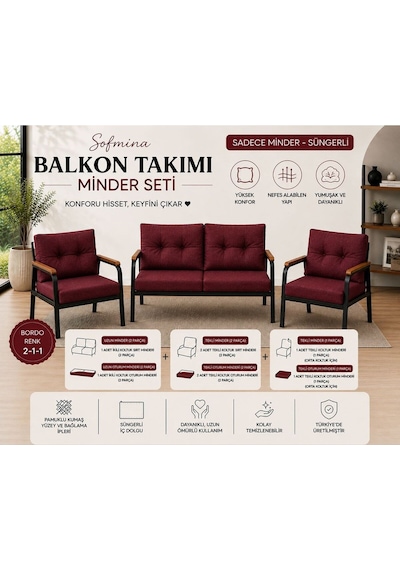 Kafe, Bahçe, Balkon Ve Teraslara Uygun 2-1-1 İçidolu Sünger Bordo