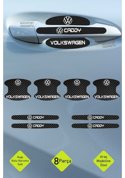 Volkswagen Caddy Kapı Kolu Koruma Karbon Desenli Caddy Serisi İçin 8 Parça Beyaz Yazılı Folyo Seti