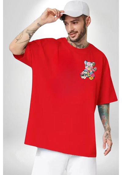 Dışarı Çık Ve Oynayalım Teddy Kırmızı Oversize Unisex Ön Ve Sırt Baskılı Tişört Kırmızı