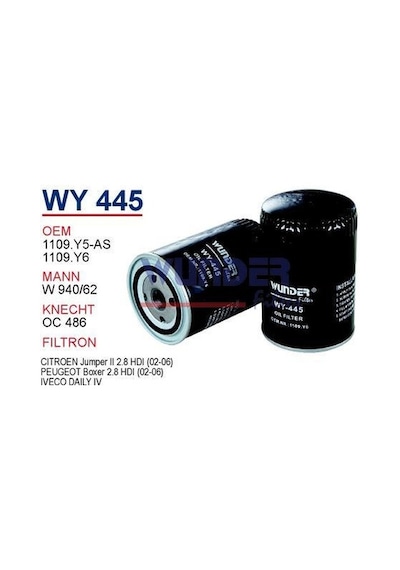 WUNDER WY445 YAĞ FİLTRESİ - PEUGEOT BOXER 2.8 HDi 06- Y.M