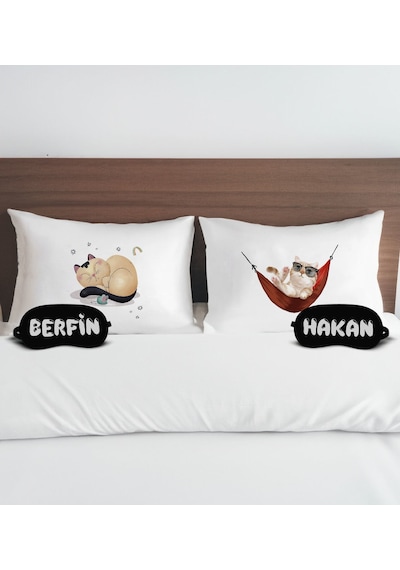 Bk Gift Kişiye Özel Eğlenceli Kedi Tasarımlı Pamuklu Yastık Kılıfı Ve Göz Bandı Çift Uyku Seti-2, Tasarım Ev Tekstili, Uyku Bandı, Ev Hediyesi
