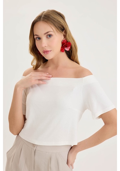 Vitrin Kayık Yaka Crop Bluz Ekru