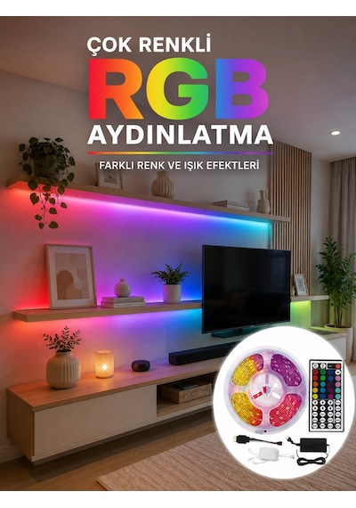 5 Metre Kumandalı Rgb Led Şerit 5050 Smd 54 Led/m Renk Değiştiren Ambiyans Aydınlatma Çok Renkli