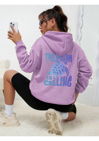 Uyguntarz Unisex The Ocean İs Calling Baskılı Tasarım Oversize Sweatshirt Lila