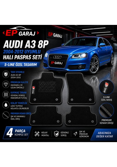 Audi A3 8p 2004 2012 Uyumlu Halı Paspas Seti 4 Parça S-lıne Kalın Tip