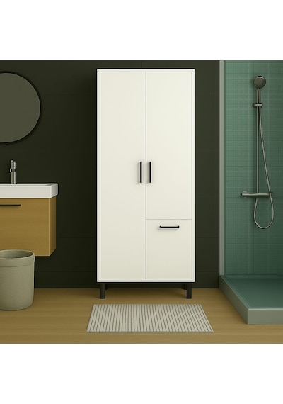Çok Amaçlı & Tek Çamaşır Sepetli Banyo Dolabı Beyaz