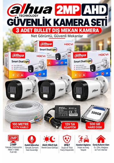 3'lü 2mp Ahd Full Color Renkli Gece Görüş Dış Kamera Seti