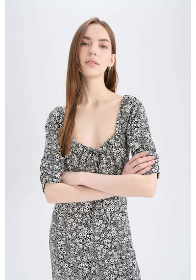 DeFacto Bodycon Vücudu Saran Kare Yaka Çiçek Desenli Bürümcük Yarım Kol Midi Elbise Z5262AZ25SPBK81